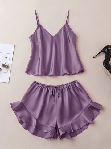 Ruffle Hem Satin PJ Set shein