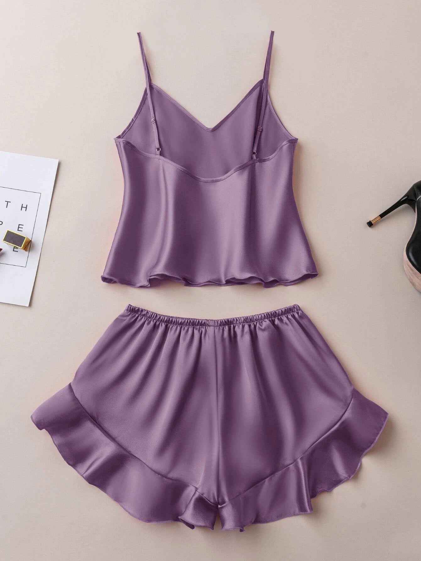 Ruffle Hem Satin PJ Set shein