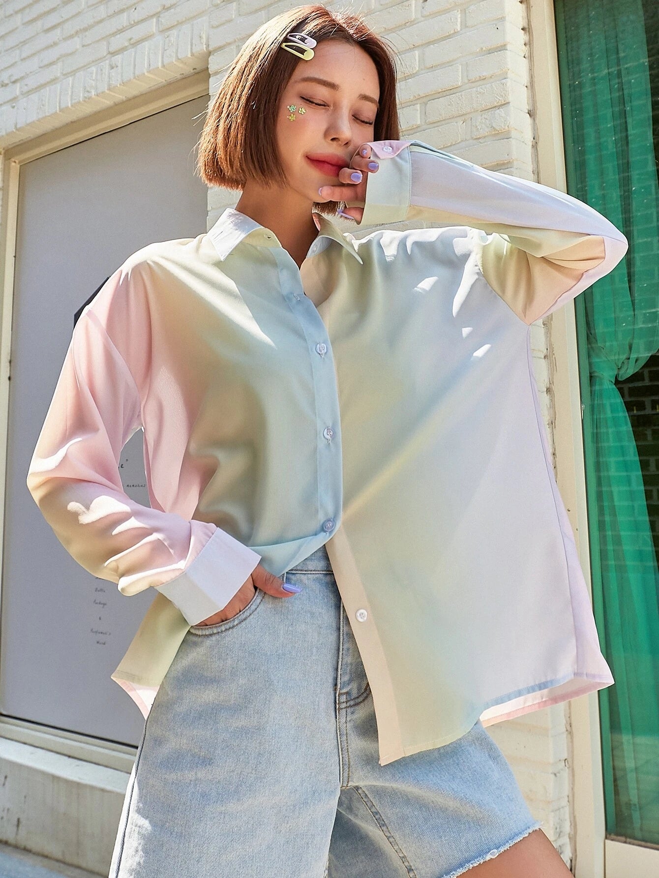 DAZY Ombre Button Through Drop Shoulder Shirt shein