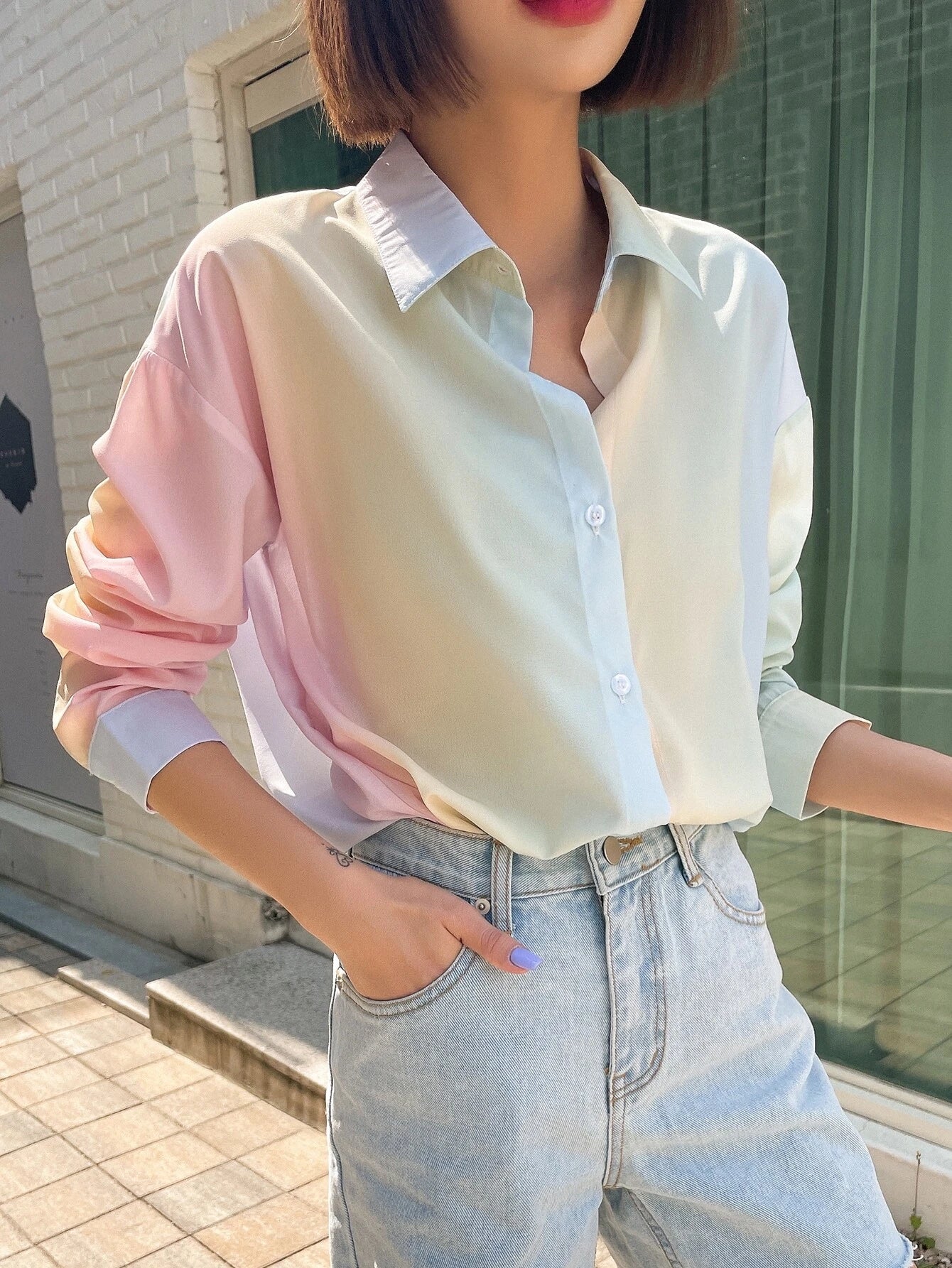 DAZY Ombre Button Through Drop Shoulder Shirt shein