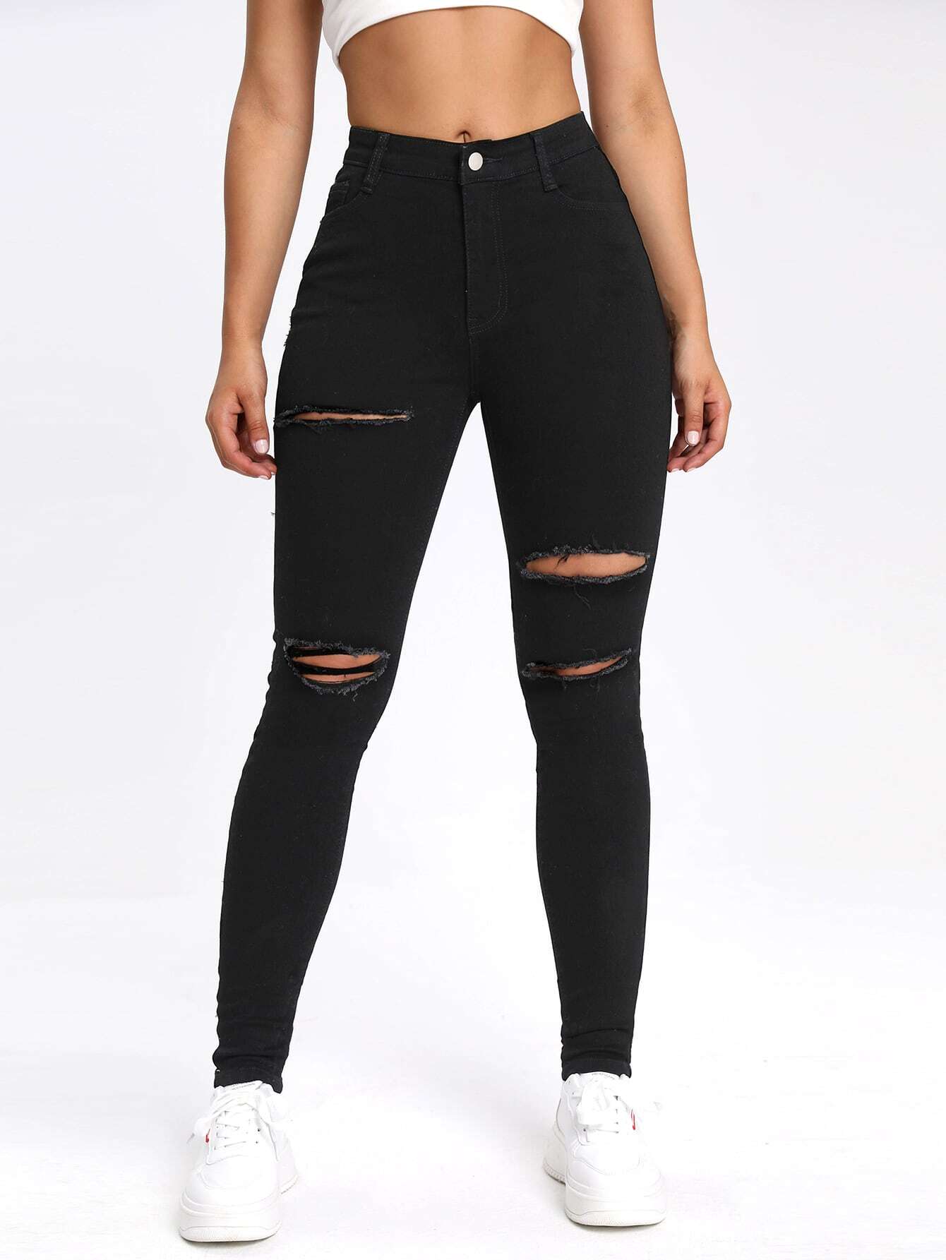 AZ High-Waisted Skinny Stretch Distressed Jeans Denim Shein