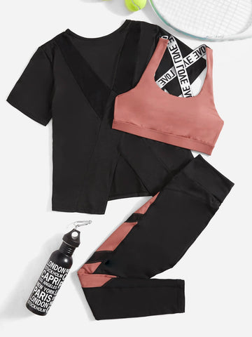 Breathable And Soft Sports Suit With Cross Detailing And Letter Weaving Strap Workout Women Set