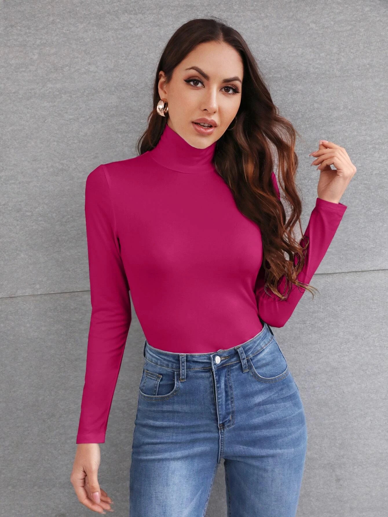LUNE Solid High Neck Slim Fit Tee shein