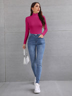 LUNE Solid High Neck Slim Fit Tee shein