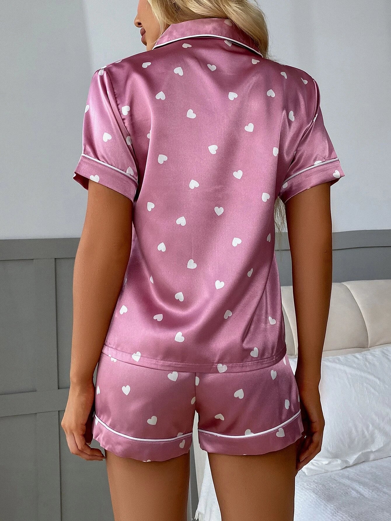 Imitation Silk Printed Peach Heart Short Sleeve Shorts Pajama Set shein