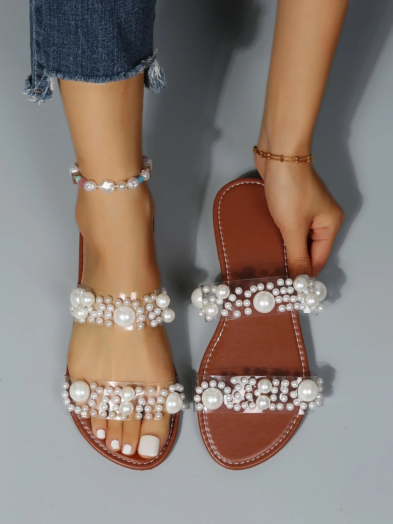 Women Faux Pearl Decor Slide Fashion Sandals shein