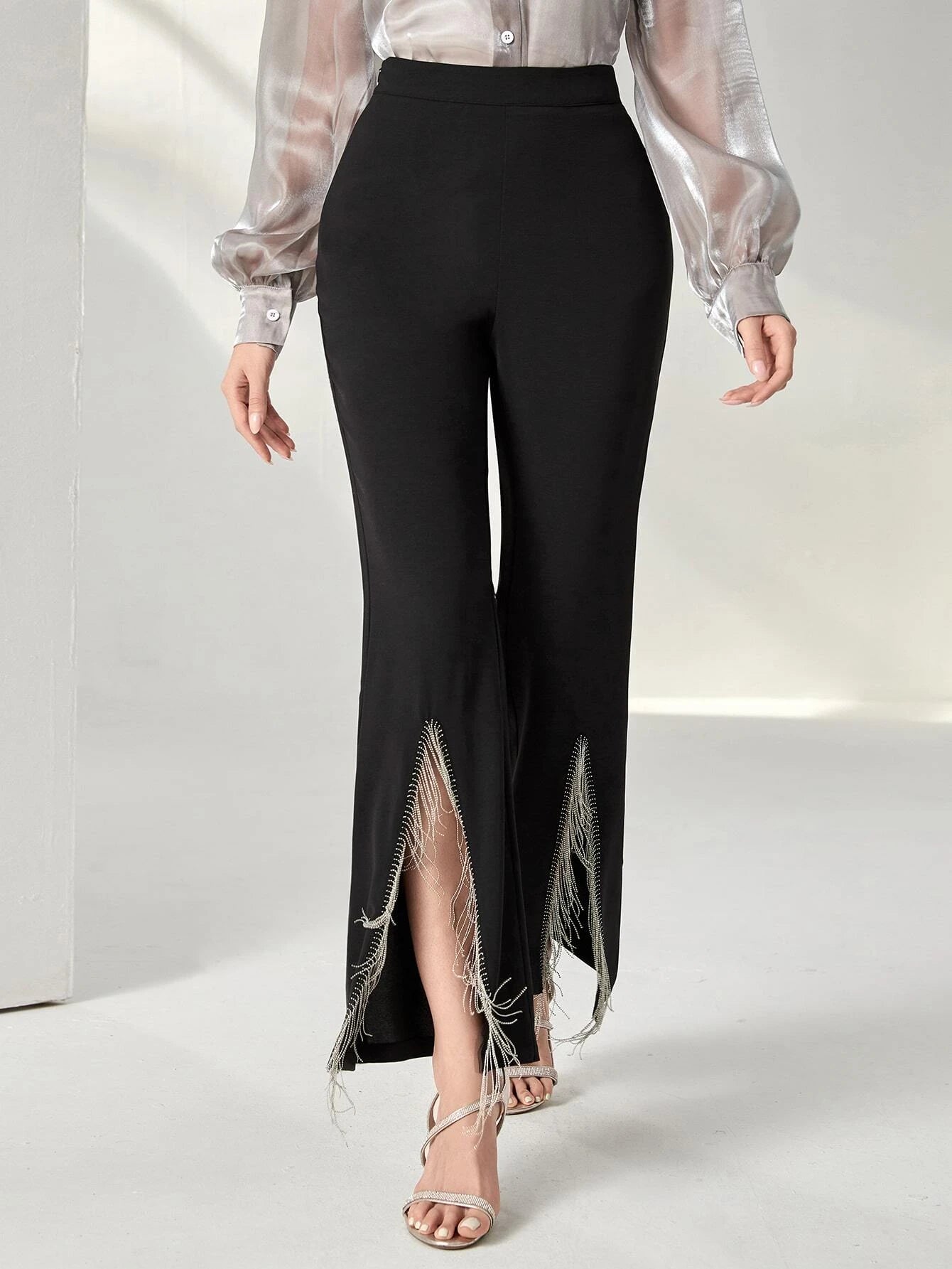 Modely Fringe Slit Hem Flare Leg Pants shein