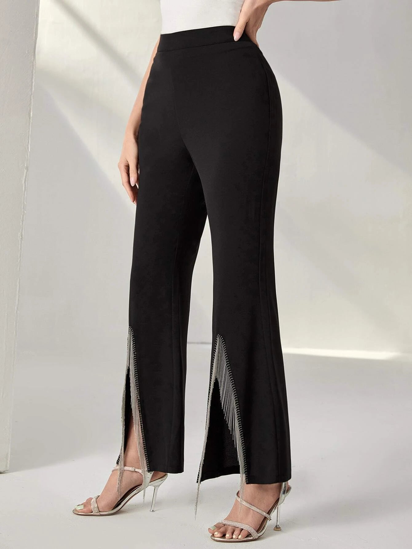 Modely Fringe Slit Hem Flare Leg Pants shein