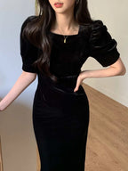 DAZY Puff Sleeve Velvet Dress shein
