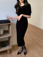 DAZY Puff Sleeve Velvet Dress shein