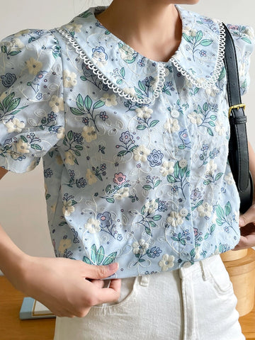 DAZY Floral Embroidery Peter Pan Collar Puff Sleeve Shirt shein