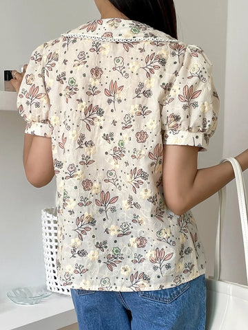 DAZY Floral Embroidery Peter Pan Collar Puff Sleeve Shirt shein