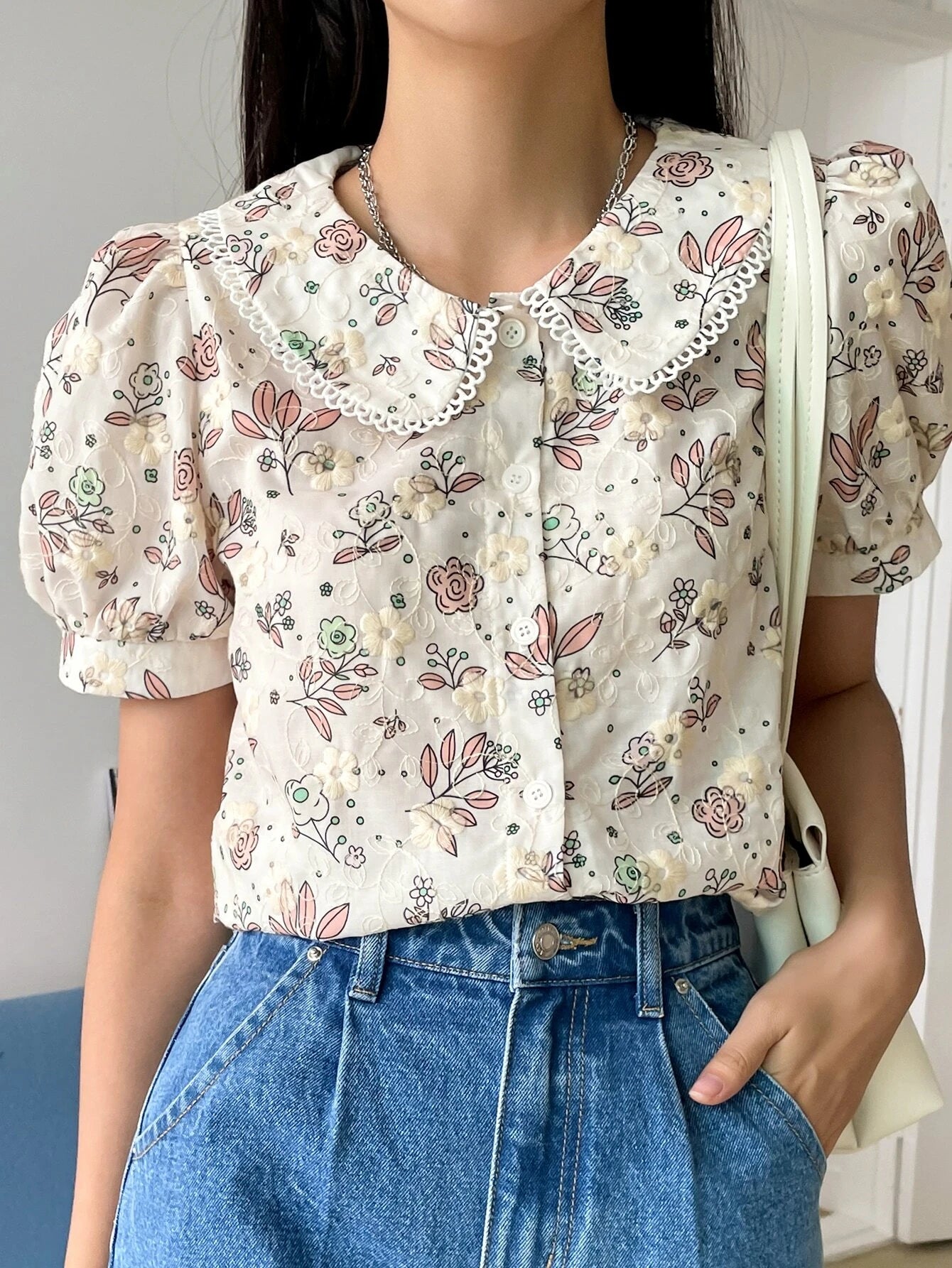 DAZY Floral Embroidery Peter Pan Collar Puff Sleeve Shirt shein