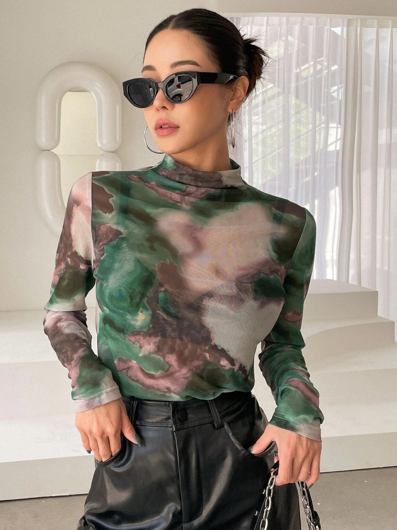 DAZY Ladies Stand Collar Tie Dye Top shein
