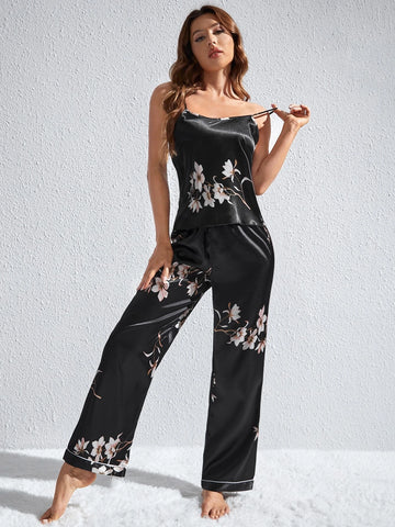 Contrast Piping Satin PJ Set shein