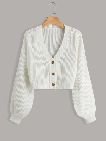 EZwear Lantern Sleeve Button Front Rib Knit Cardigan