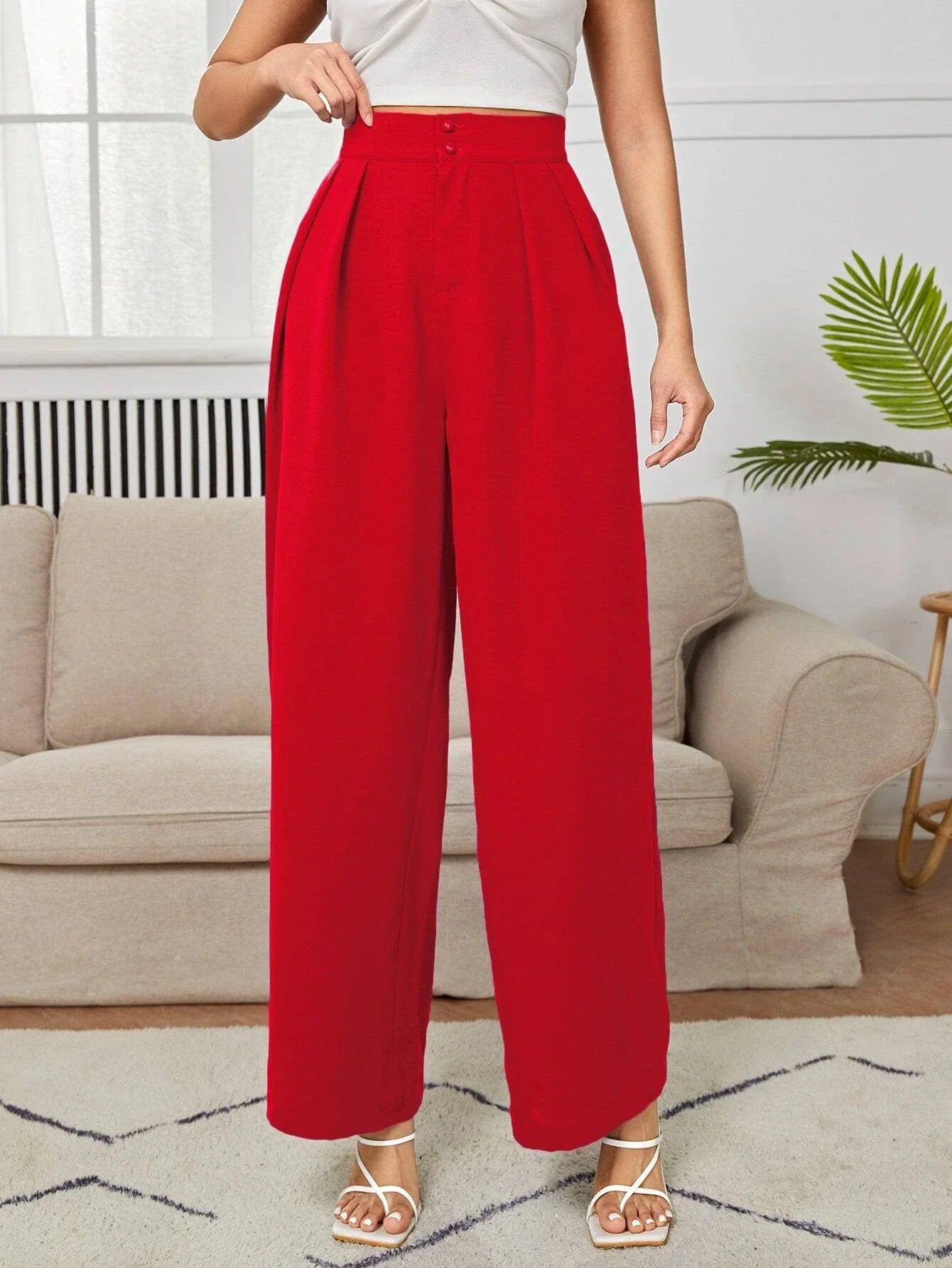 PETITE High Waist Plicated Wide Leg Black Dress Pants