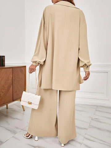 Frenchy Drop Shoulder Button Front Shirt & Wide Leg Pants shein