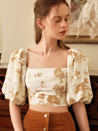 MOD Vintage Background Printing Plants Print Lantern Sleeve Crop Blouse shein