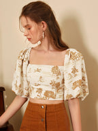 MOD Vintage Background Printing Plants Print Lantern Sleeve Crop Blouse shein