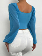 Privé Women's Solid Color Drawstring Pullover Shirt With Pleated Lantern Sleeves shein
