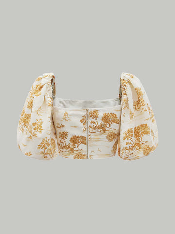 MOD Vintage Background Printing Plants Print Lantern Sleeve Crop Blouse
