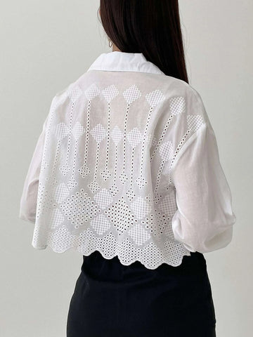 Dazy-Less Eyelet Embroidery Scallop Trim Shirt shein