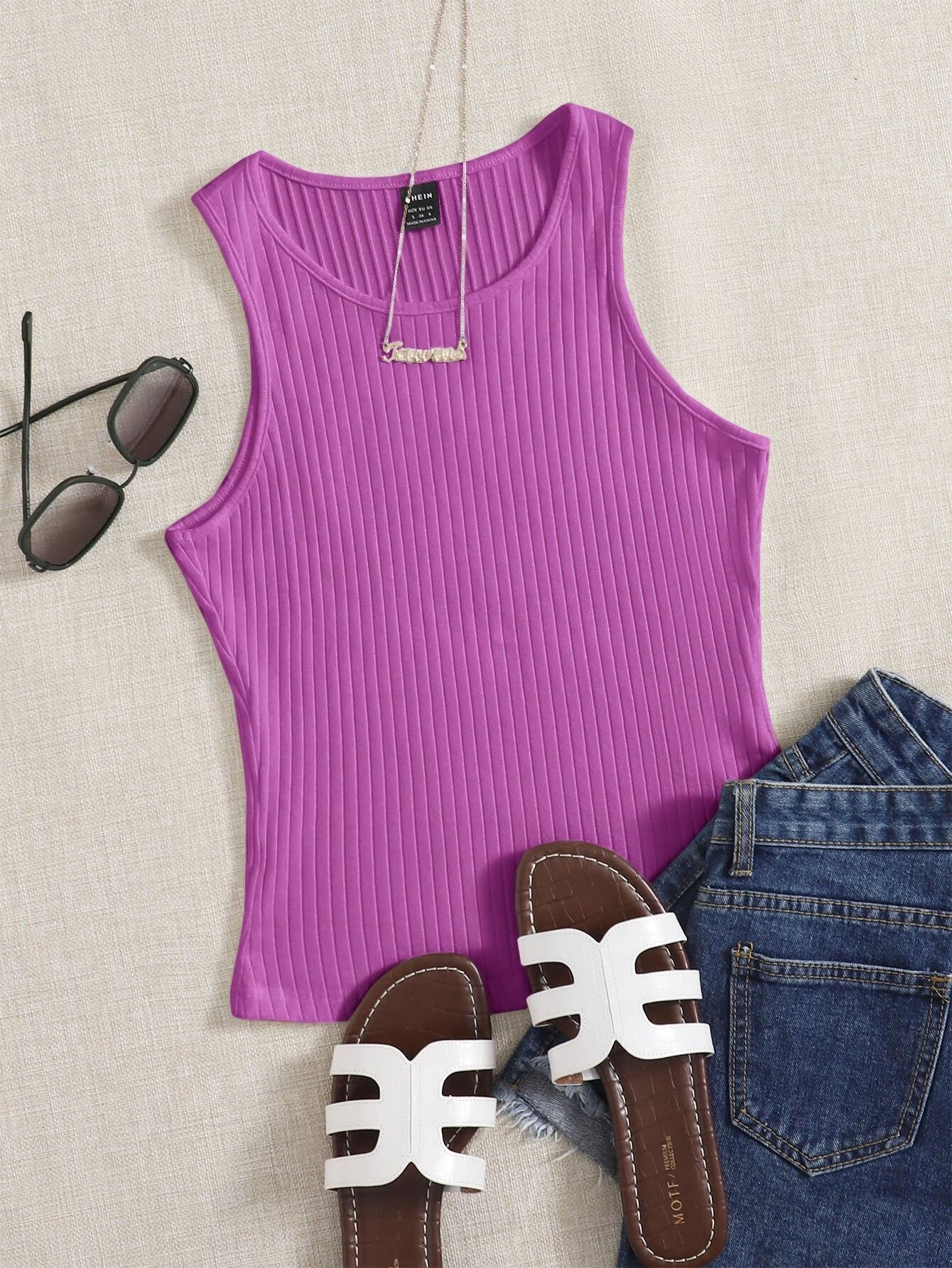 EZwear Solid Rib Knit Tank Top shein