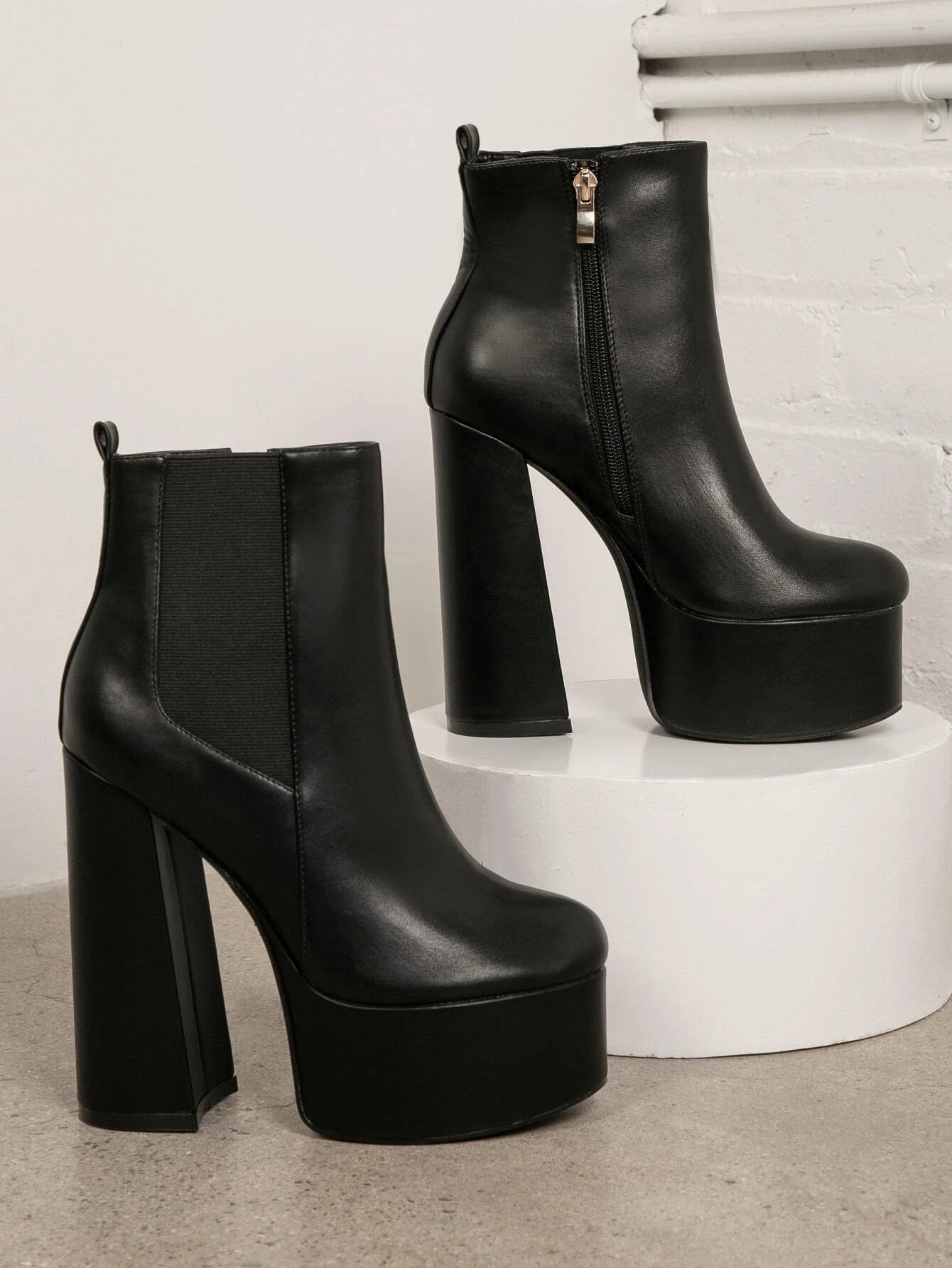 SHUZIA Faux Leather Block Heel Chelsea Ankle Booties shein