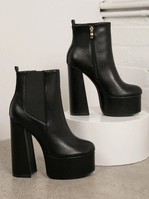 SHUZIA Faux Leather Block Heel Chelsea Ankle Booties shein