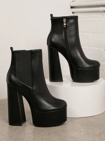 SHUZIA Faux Leather Block Heel Chelsea Ankle Booties shein