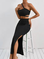 Privé One Shoulder Cut Out Top & Split Thigh Skirt Shein