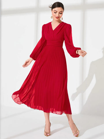 Modely Surplice Neck Pleated Hem Dress shein