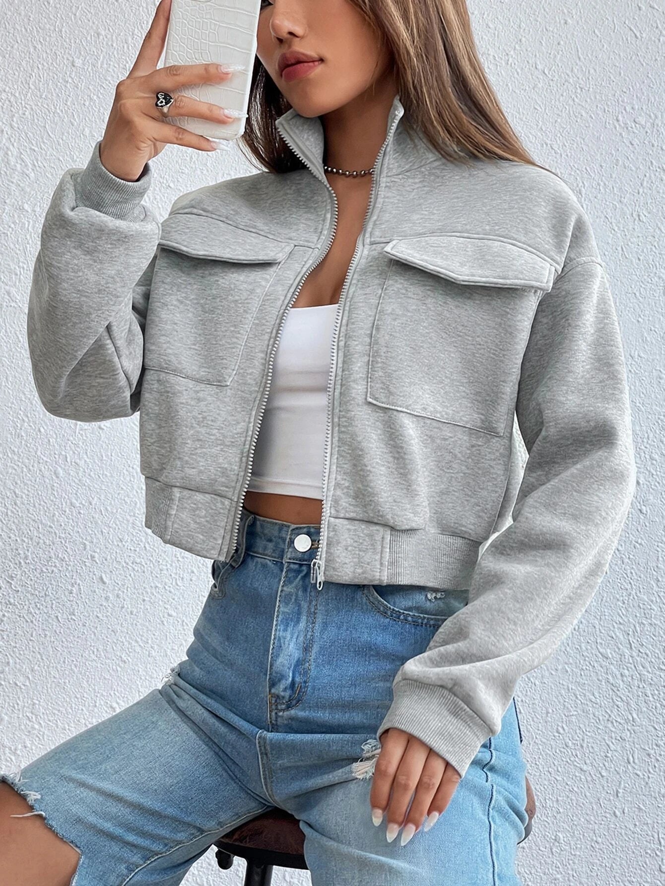 EZwear Solid Zip Up Drop Shoulder Sweatshirt shein