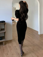 DAZY Puff Sleeve Velvet Dress shein