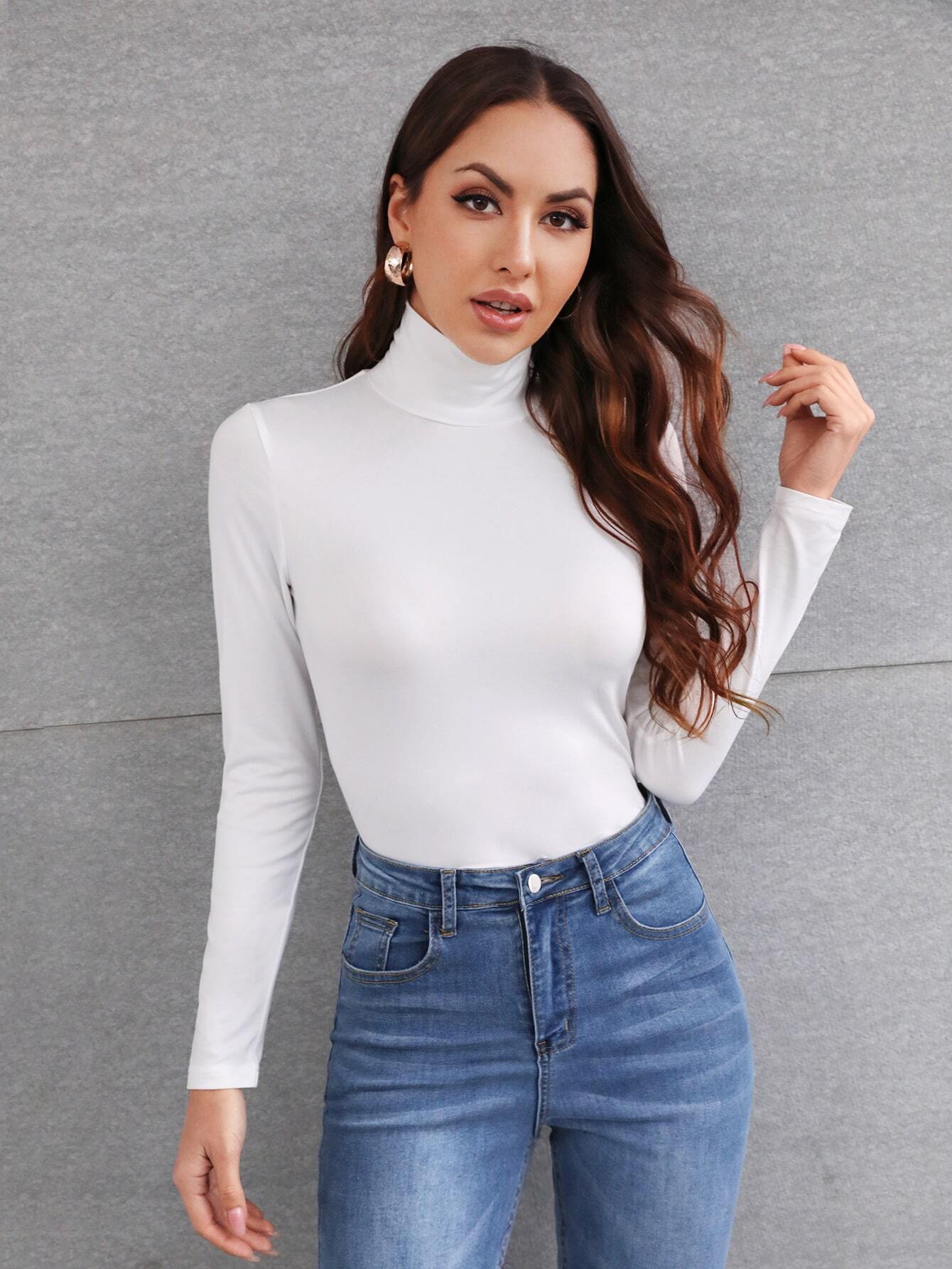 LUNE Solid High Neck Slim Fit Tee shein