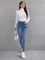 LUNE Solid High Neck Slim Fit Tee shein