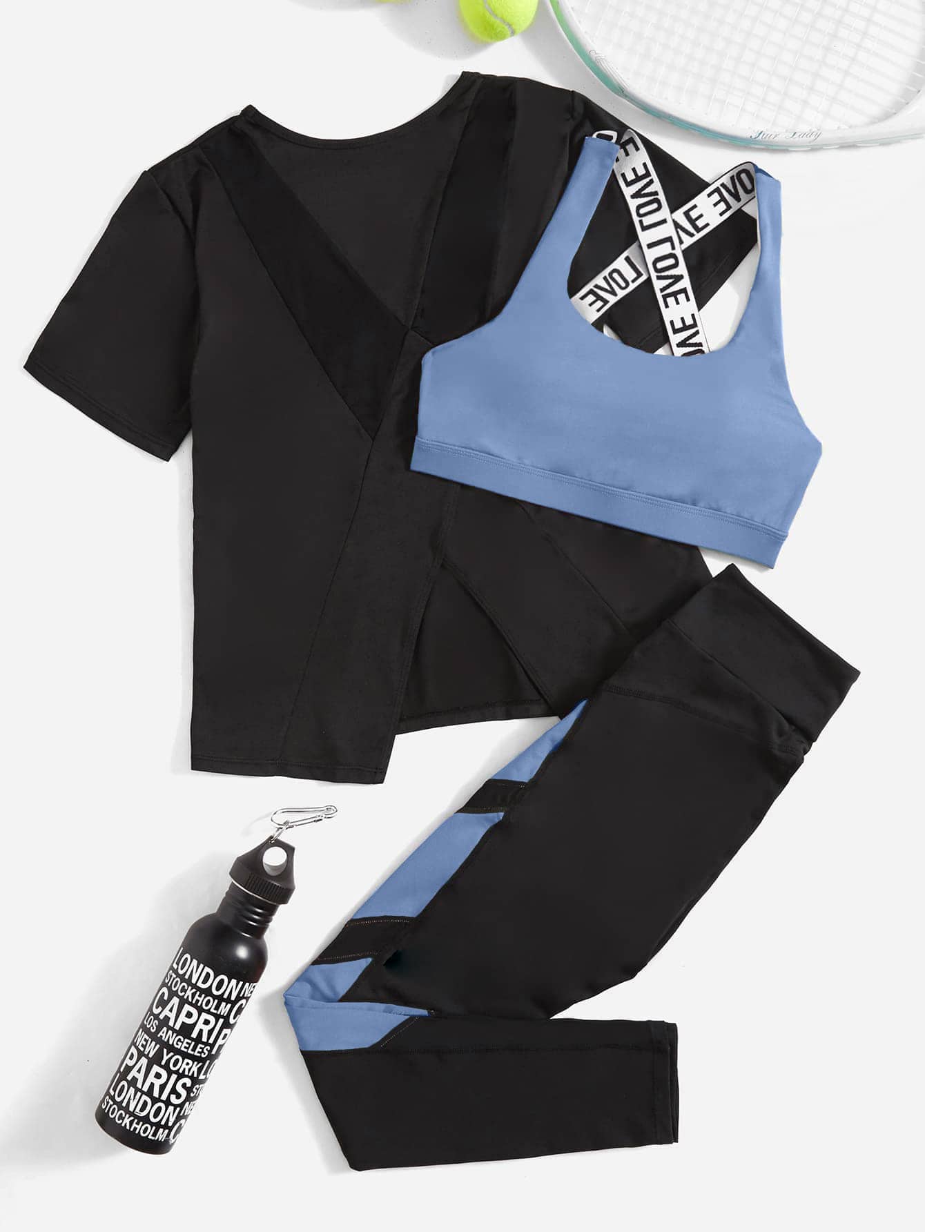 Breathable And Soft Sports Suit With Cross Detailing And Letter Weaving Strap Workout Women Set