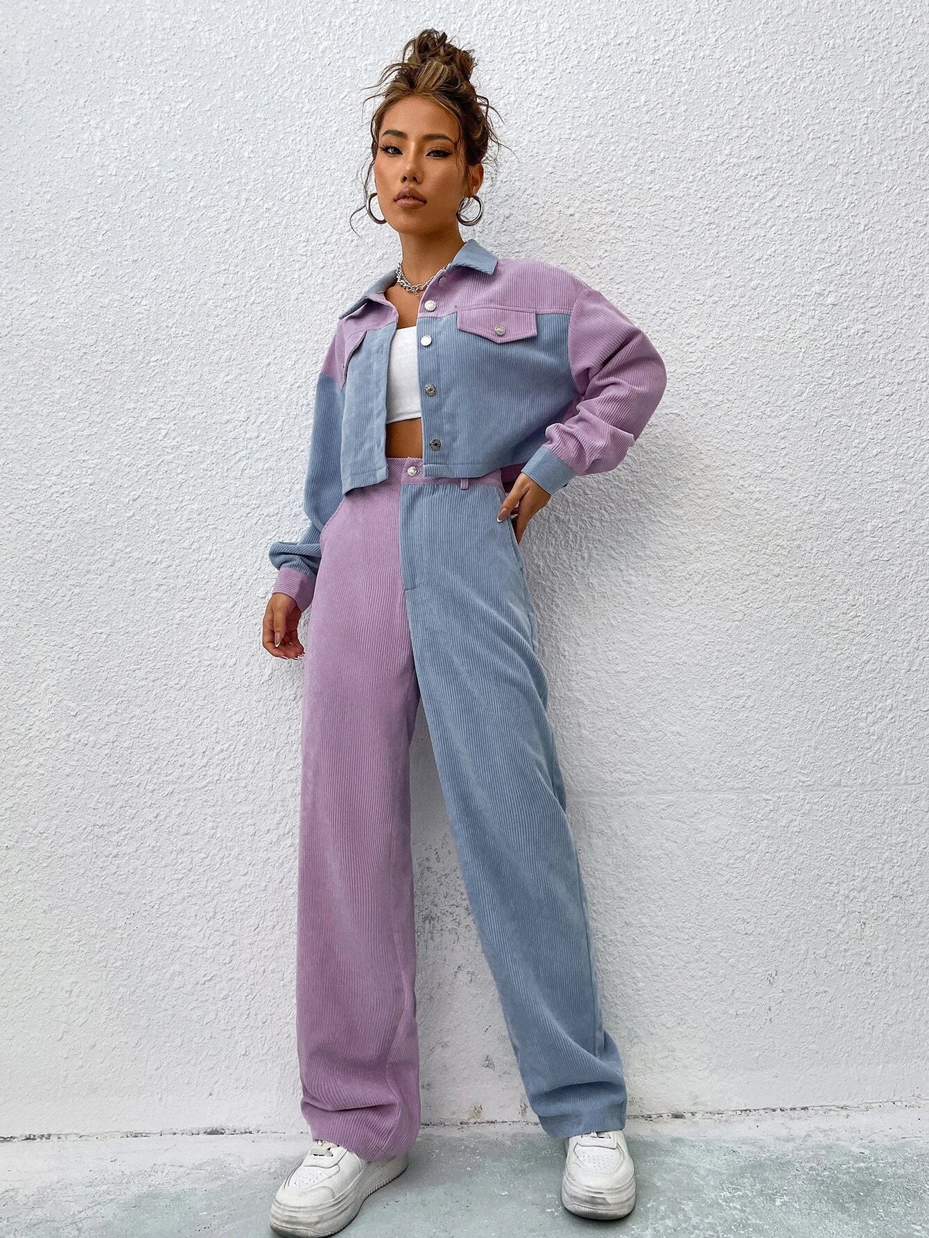 EZwear Two Tone Drop Shoulder Crop Jacket & High Waist Pants shein