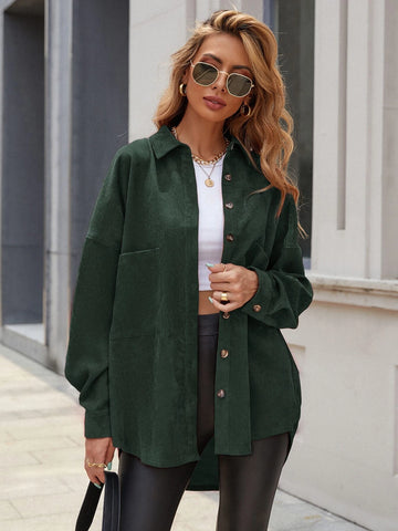Essnce Women's Plain Color Commuter Casual Front Button Shirt Collar Pocket Detail Faux Leather Coat