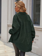 Essnce Women's Plain Color Commuter Casual Front Button Shirt Collar Pocket Detail Faux Leather Coat