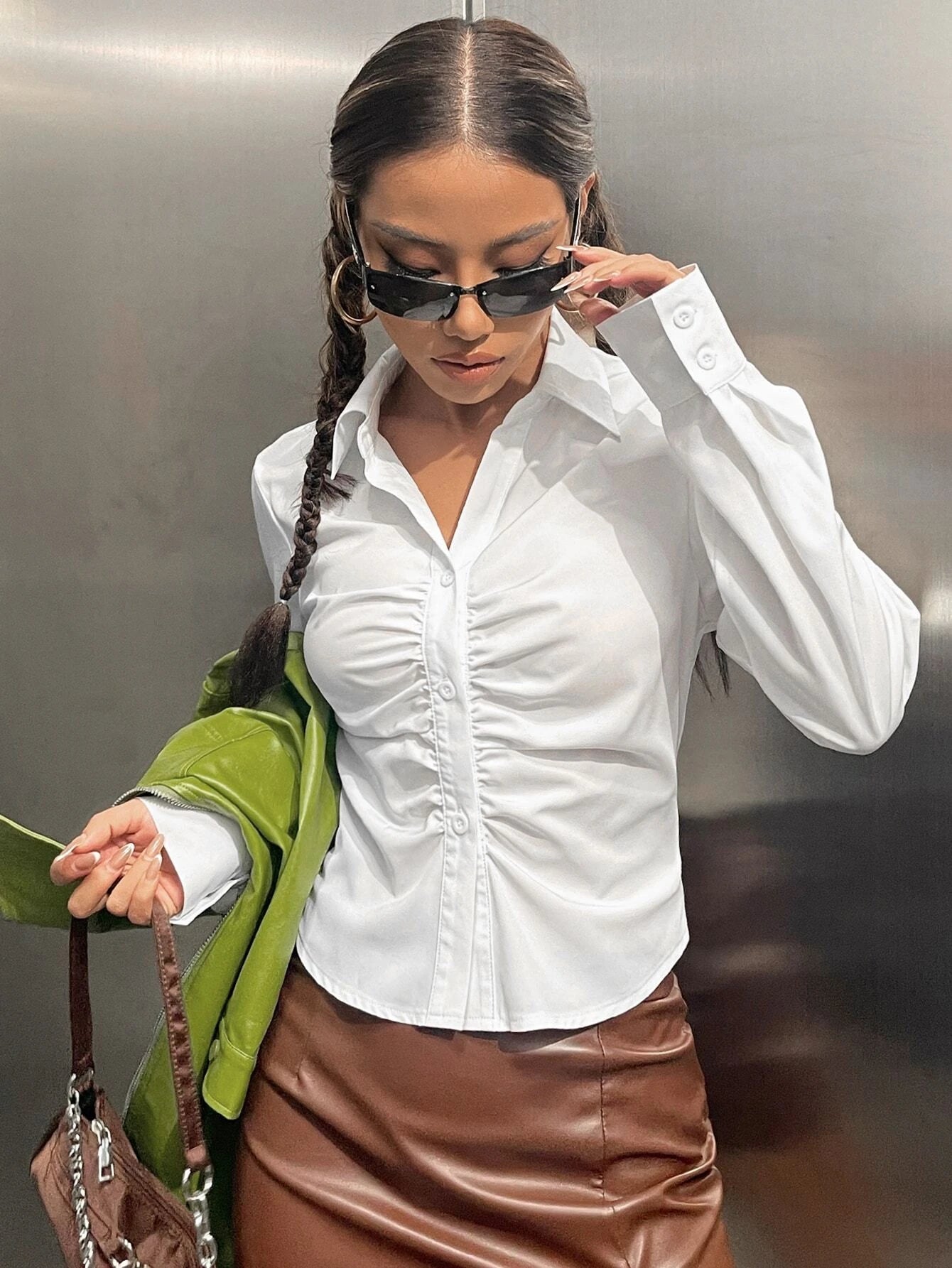 EZwear Solid Ruched Button Up Shirt shein