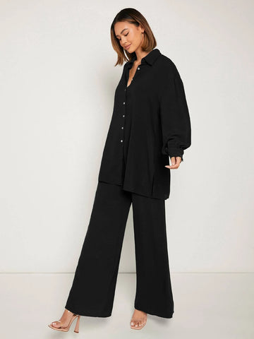 Frenchy Drop Shoulder Button Front Shirt & Wide Leg Pants shein