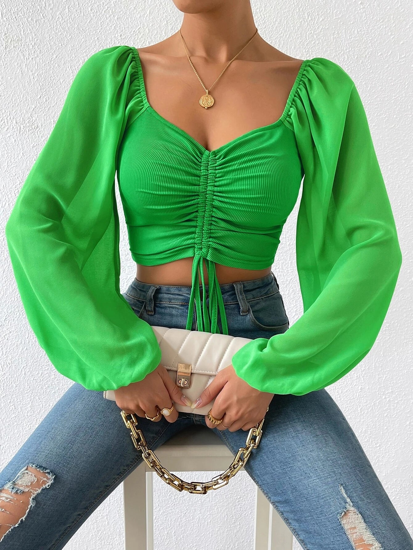 Privé Women's Solid Color Drawstring Pullover Shirt With Pleated Lantern Sleeves shein