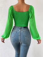 Privé Women's Solid Color Drawstring Pullover Shirt With Pleated Lantern Sleeves shein