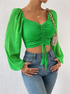 Privé Women's Solid Color Drawstring Pullover Shirt With Pleated Lantern Sleeves shein