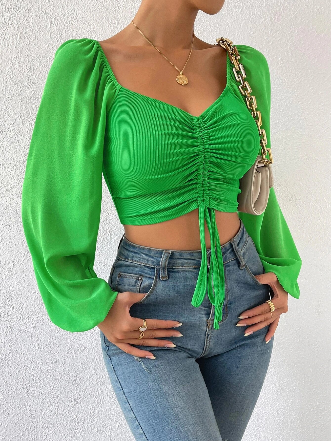 Privé Women's Solid Color Drawstring Pullover Shirt With Pleated Lantern Sleeves shein