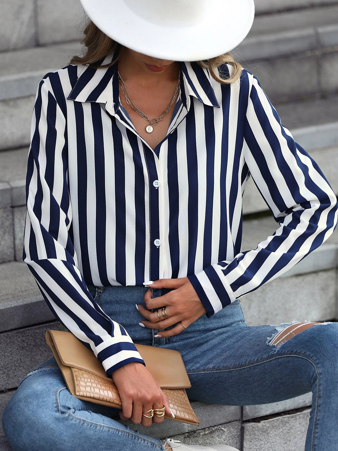 Clasi Vertical Striped Print Button Up Shirt shein