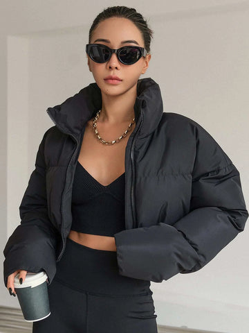 DAZY Drop Shoulder Zipper Crop Puffer Thick Pockets Coat shein