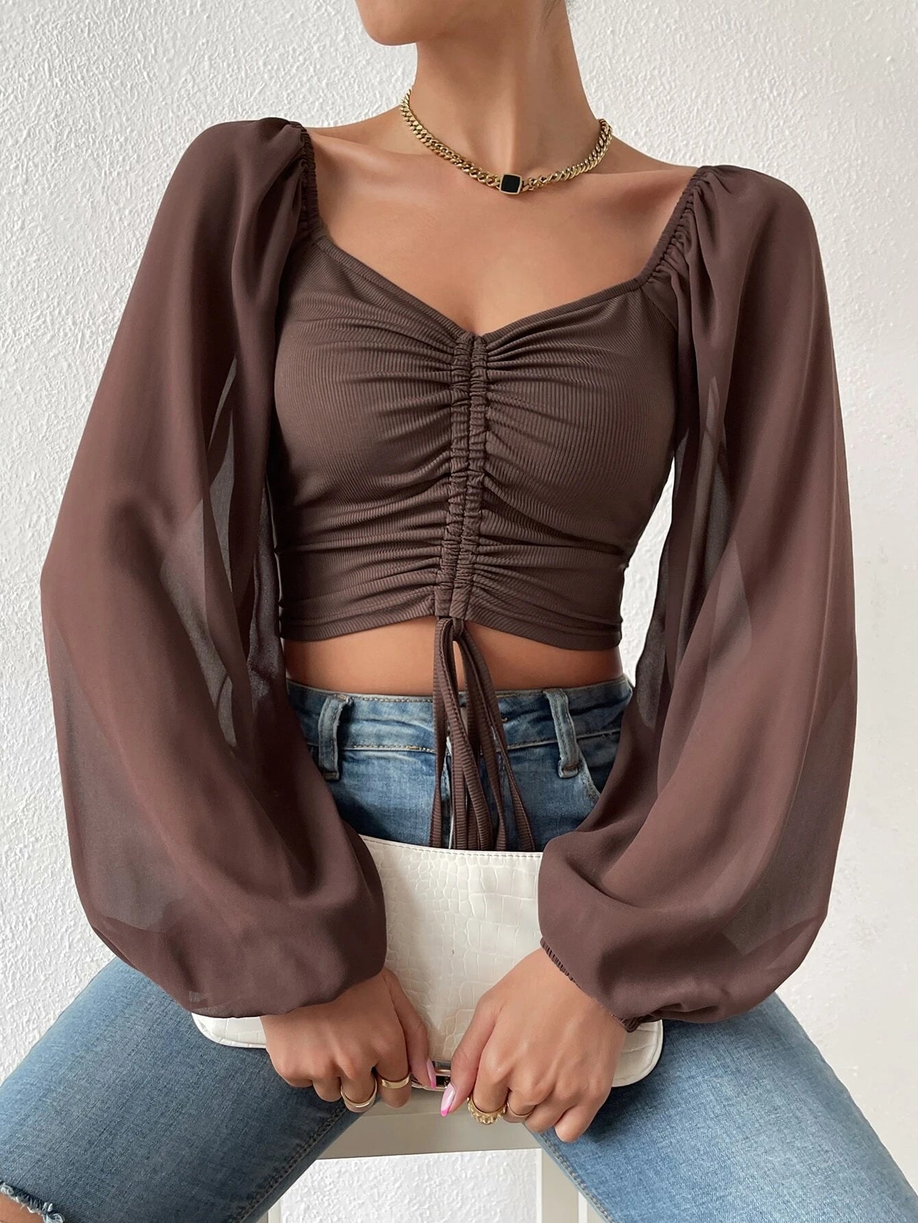 Privé Women's Solid Color Drawstring Pullover Shirt With Pleated Lantern Sleeves shein
